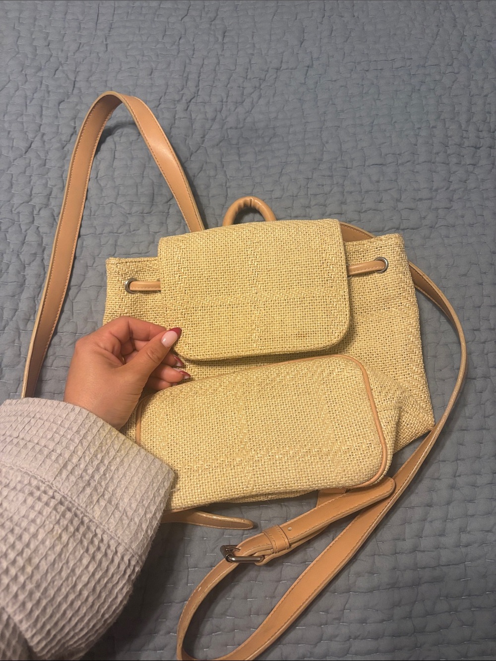 Woven Straw Crossbody Backpack with Tan Trim
